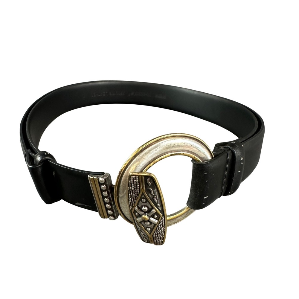 Chico's Vintage Black Leather Mixed Metal Buckle Belt Ornate Geometric Silver